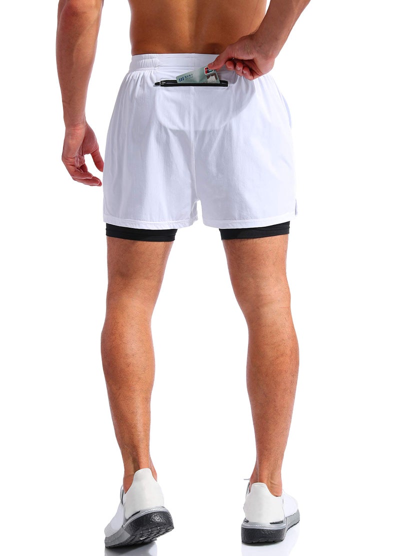 Pudolla Menâ€™s 2 in 1 Running Shorts 5" Quick Dry Gym Athletic Workout Shorts for Men with Phone Pockets(White Medium) - Image 4